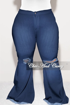 Final Sale Plus Size Wide Leg Denim Jeans with Distressed Knee in Dark Blue All Season Versatility Perfect Fit