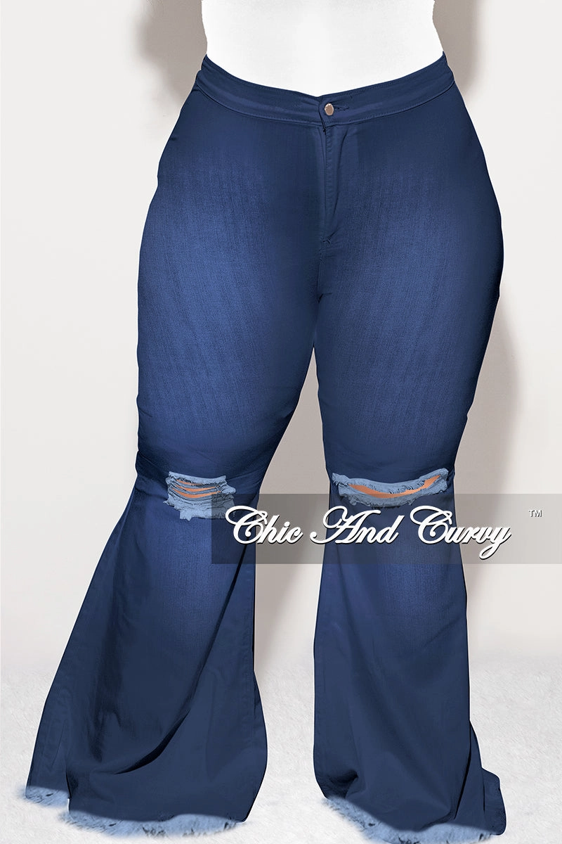 Final Sale Plus Size Wide Leg Denim Jeans with Distressed Knee in Dark Blue High Rise Chilly Weather Wear