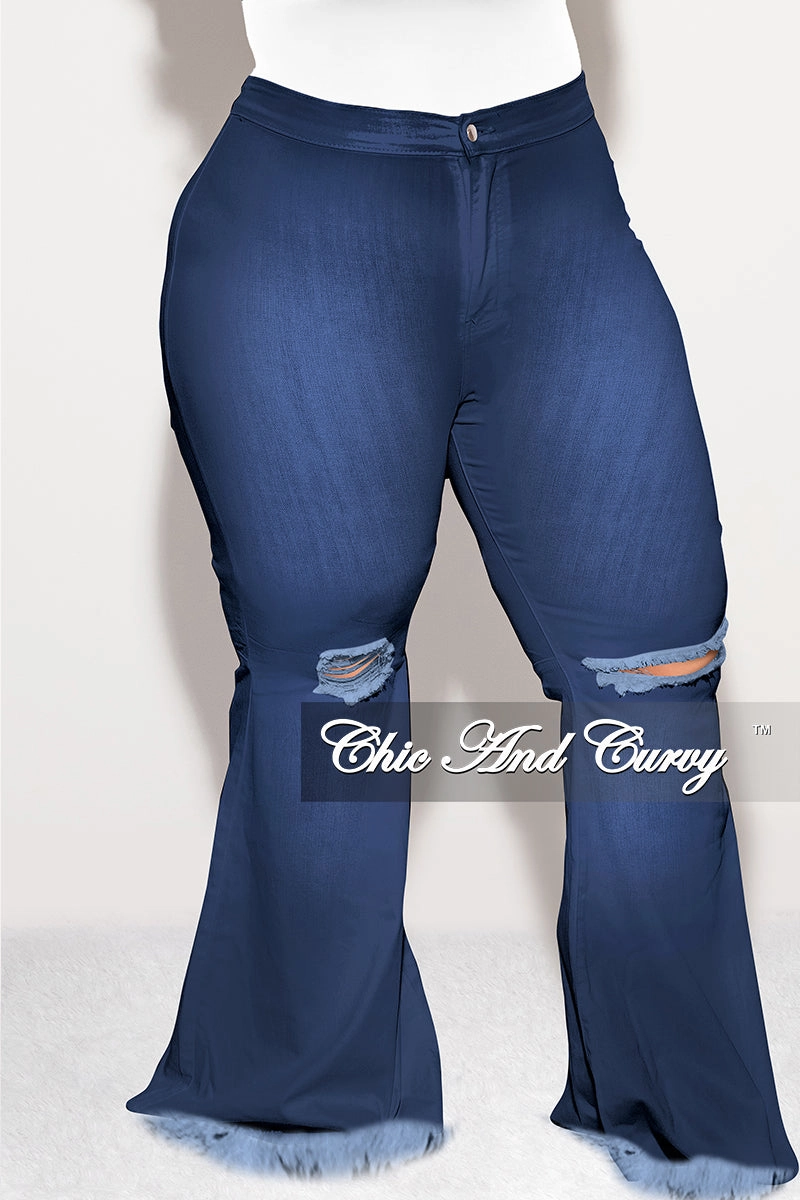 Tapered leg Final Sale Plus Size Wide Leg Denim Jeans with Distressed Knee in Dark Blue