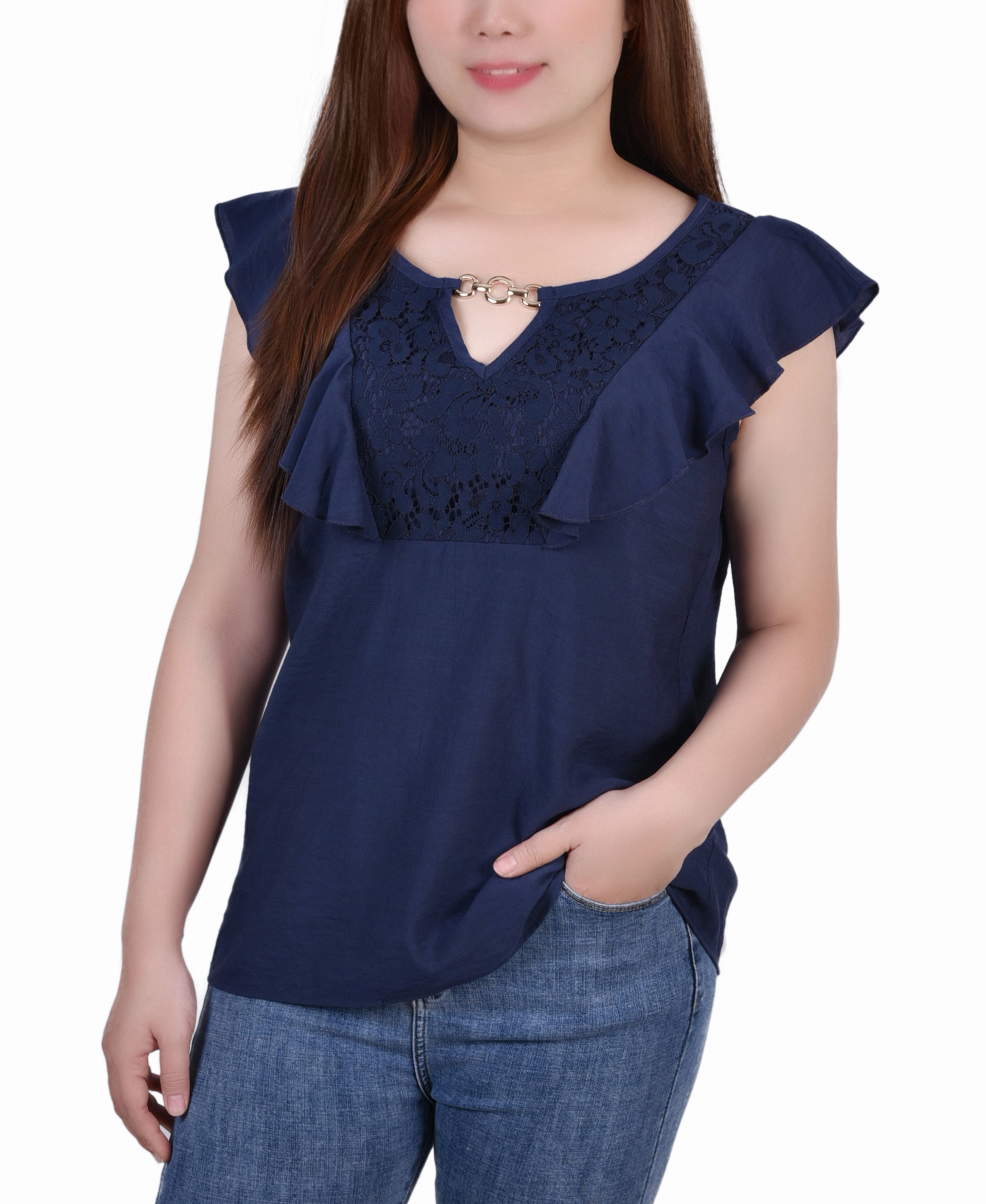 High Neck Design Sleeveless Flutter Yoke Blouse