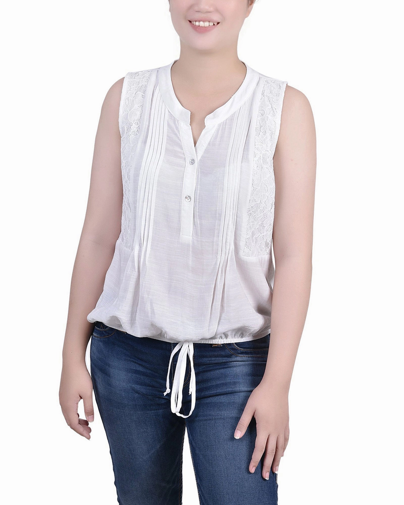 Sleeveless Pintuck Tie-Hem Blouse Weighted Hem