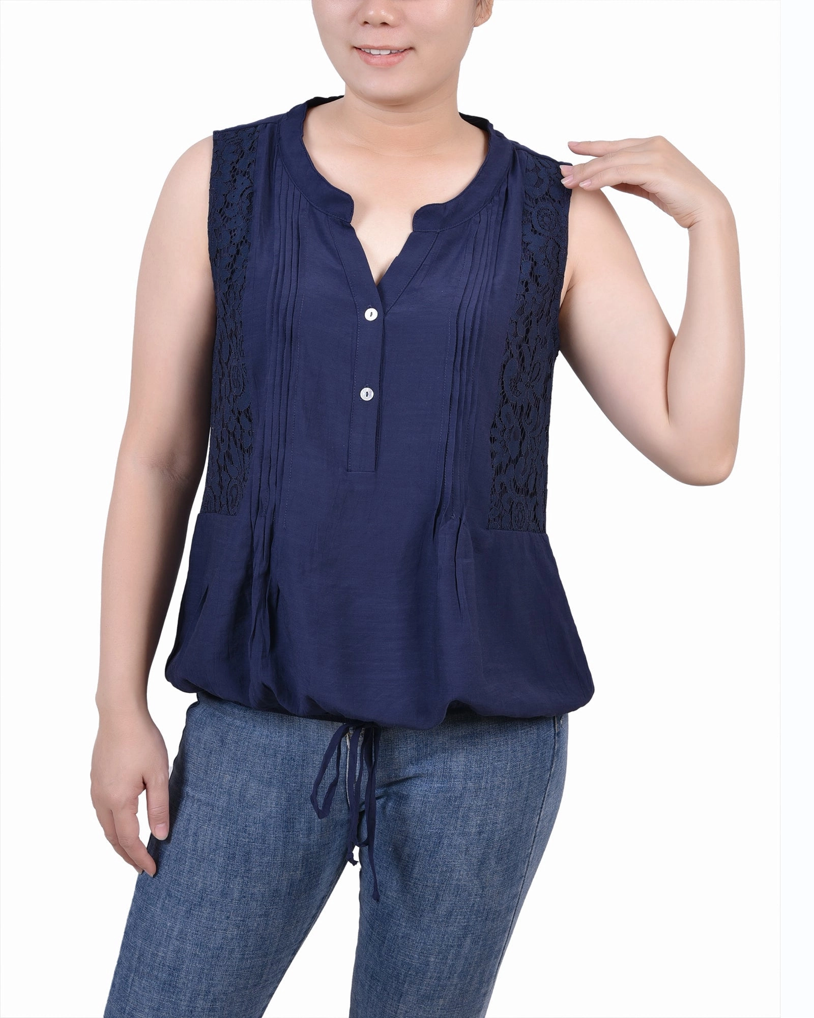 Sporty Blouse Sleeveless Pintuck Tie-Hem Blouse