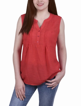 Ribbed Trims Drop Shoulder Design Sleeveless Pintucked Blouse