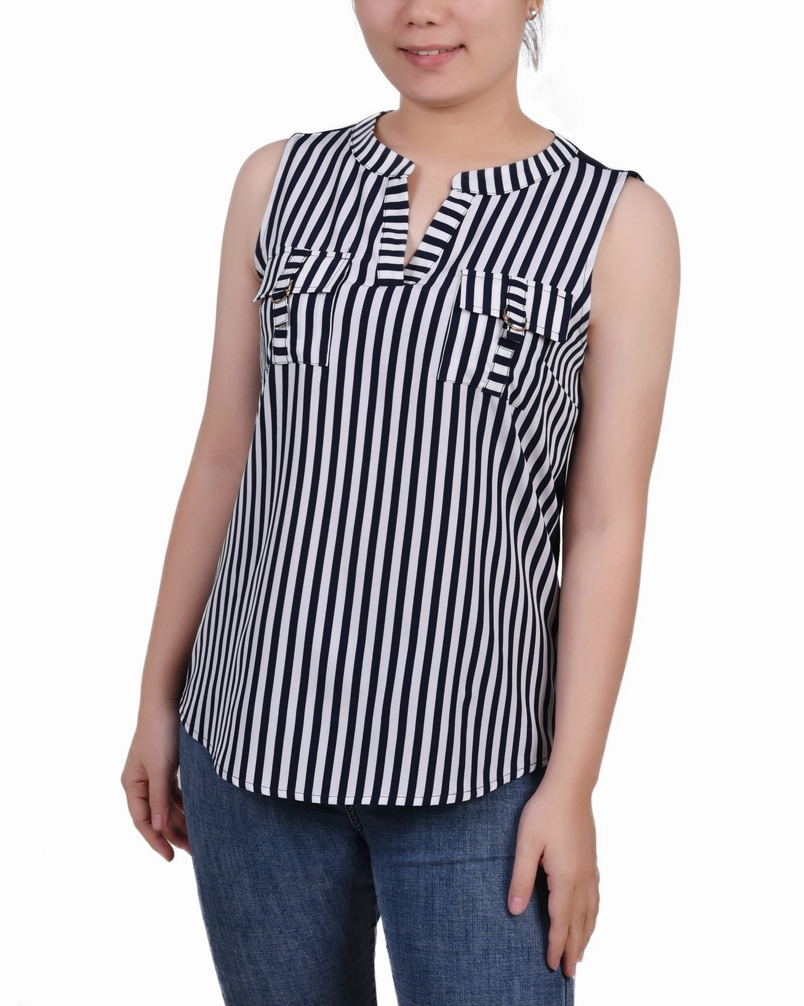 Sleeveless Y Neck Combo Blouse HighDensity Knit