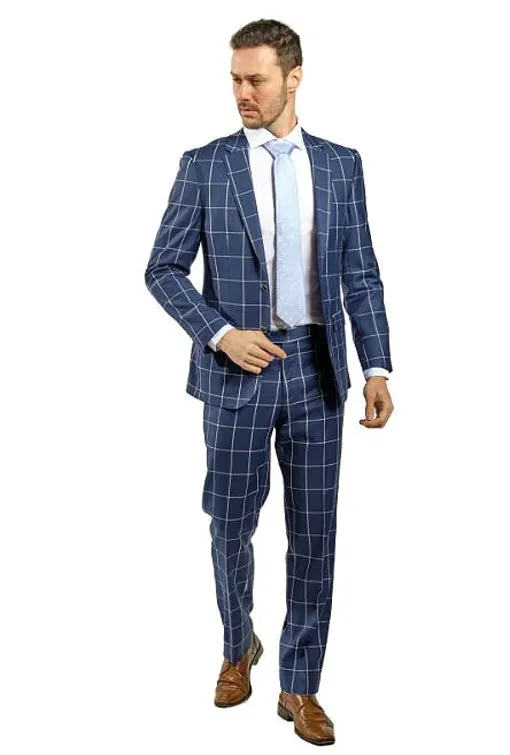Slim Fit Blue Windowpane Two Piece Suit GB-315