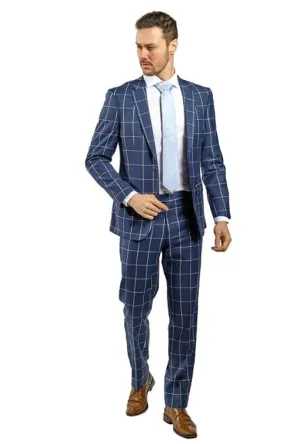 Slim Fit Blue Windowpane Two Piece Suit GB-315