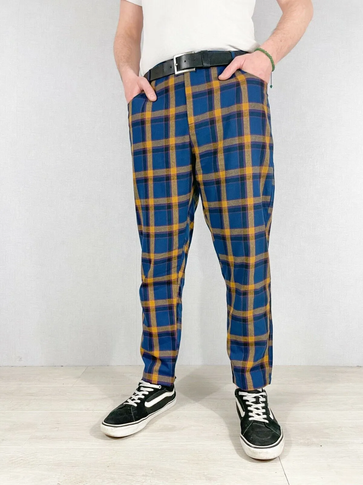 Slim Fit Tartan Check Trousers Navy Blue