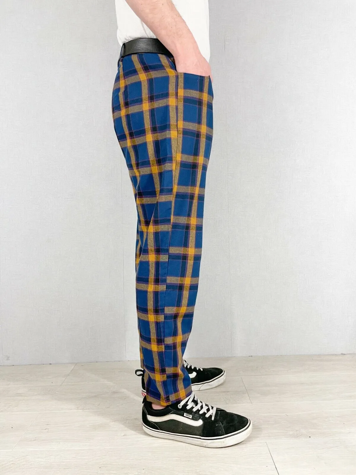 Slim Fit Tartan Check Trousers Navy Blue
