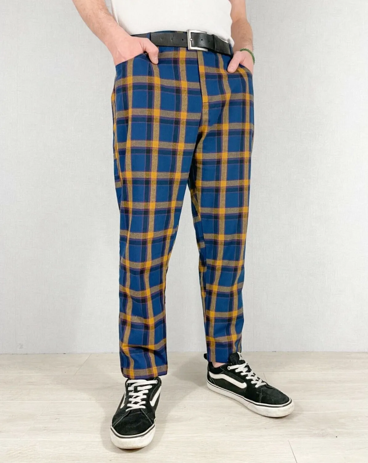 Slim Fit Tartan Check Trousers Navy Blue