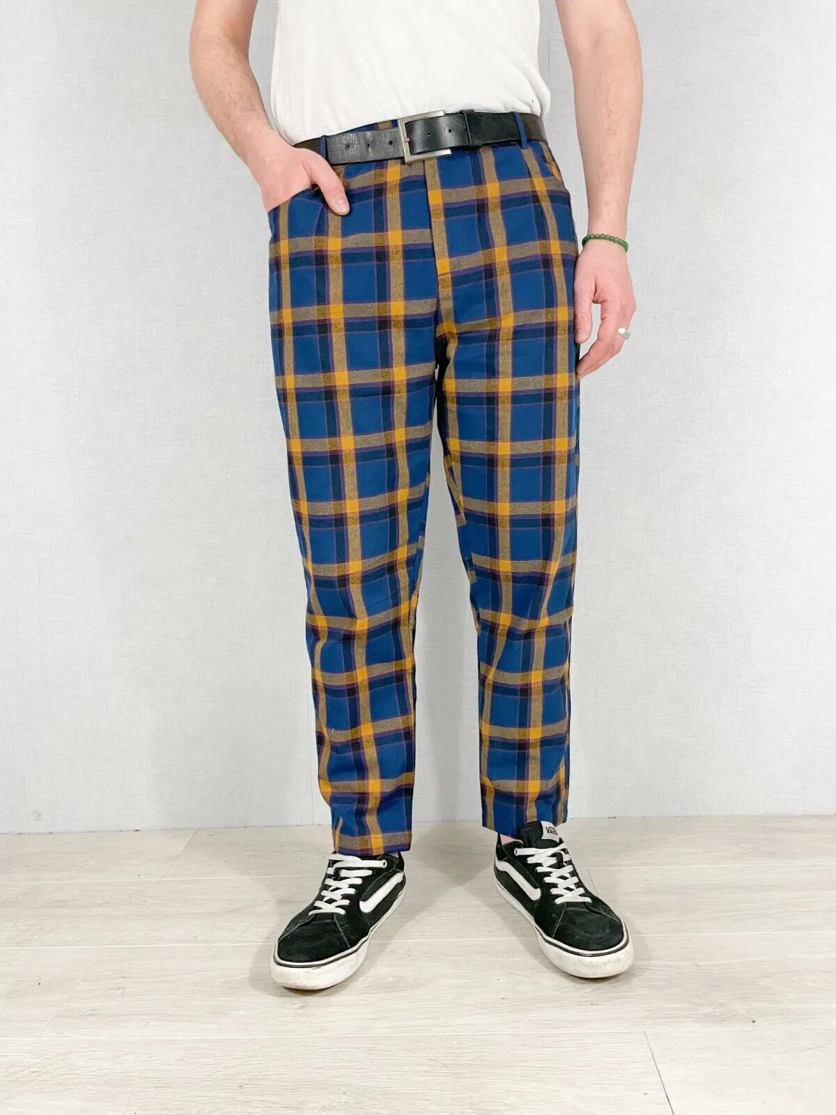 Slim Fit Tartan Check Trousers Navy Blue