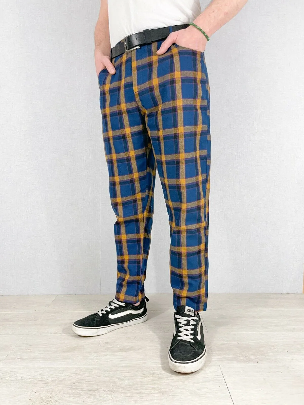 Slim Fit Tartan Check Trousers Navy Blue