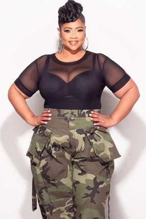 Final Sale Plus Size Mesh Short Sleeve Thong Bodysuit in Black CompressionSupport