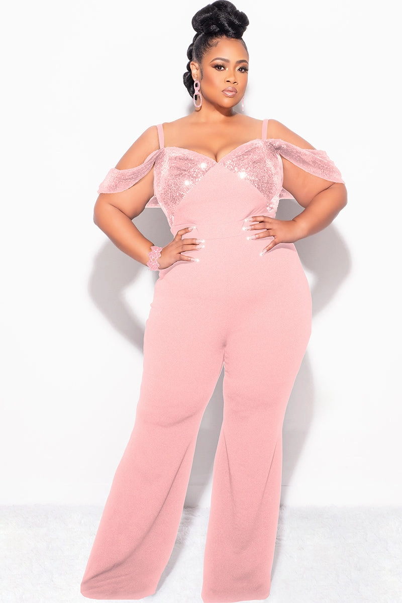 Flexible Ankle Cuffs Final Sale Plus Size Off The Shoulder Faux Wrap Sequin Jumpsuit Mauve Pink