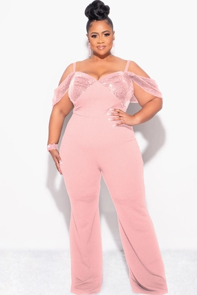Final Sale Plus Size Off The Shoulder Faux Wrap Sequin Jumpsuit Mauve Pink Stretch Fit Wear