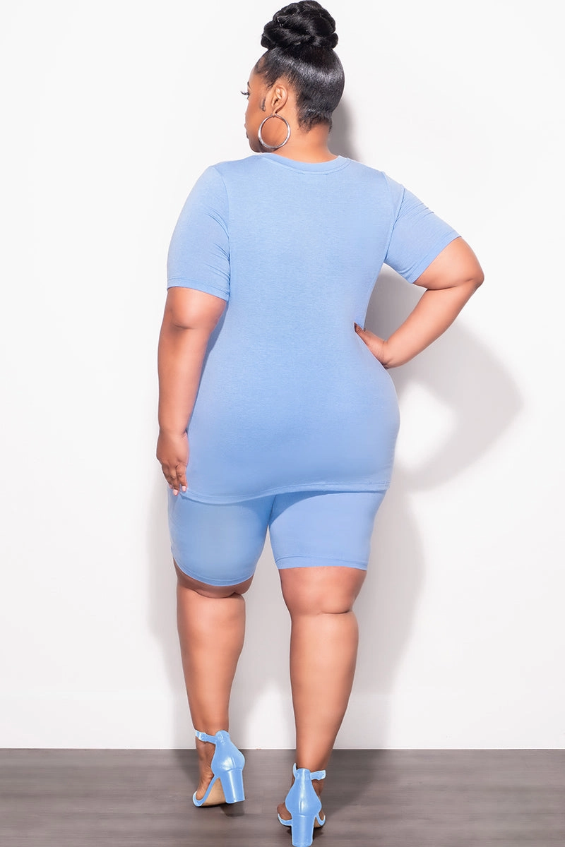 Final Sale Plus Size Top and Short Set in Baby Blue Tear Resistant Design Stretch Panel