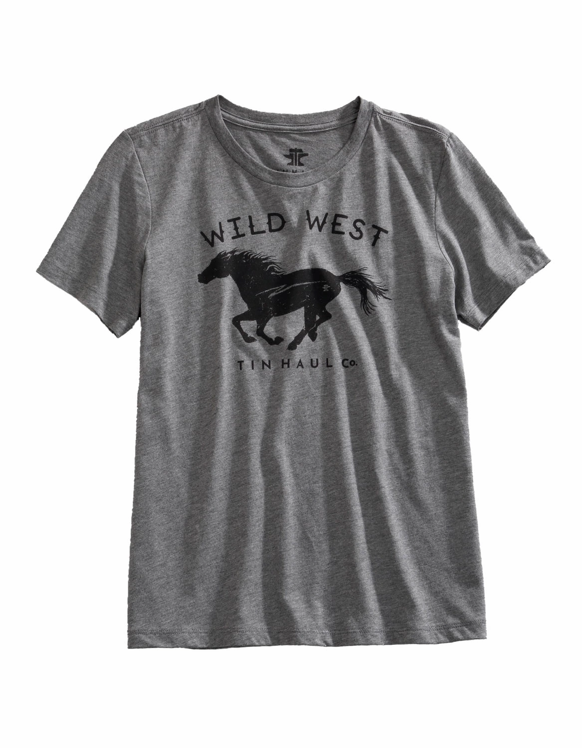 Petite Option Warm Weather Wear Tin Haul Womens Wild West Horse Grey Cotton Blend S/S T-Shirt