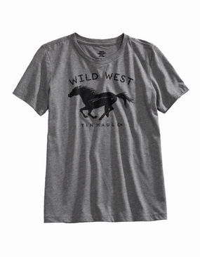 Tin Haul Womens Wild West Horse Grey Cotton Blend S/S T-Shirt Chic Layer