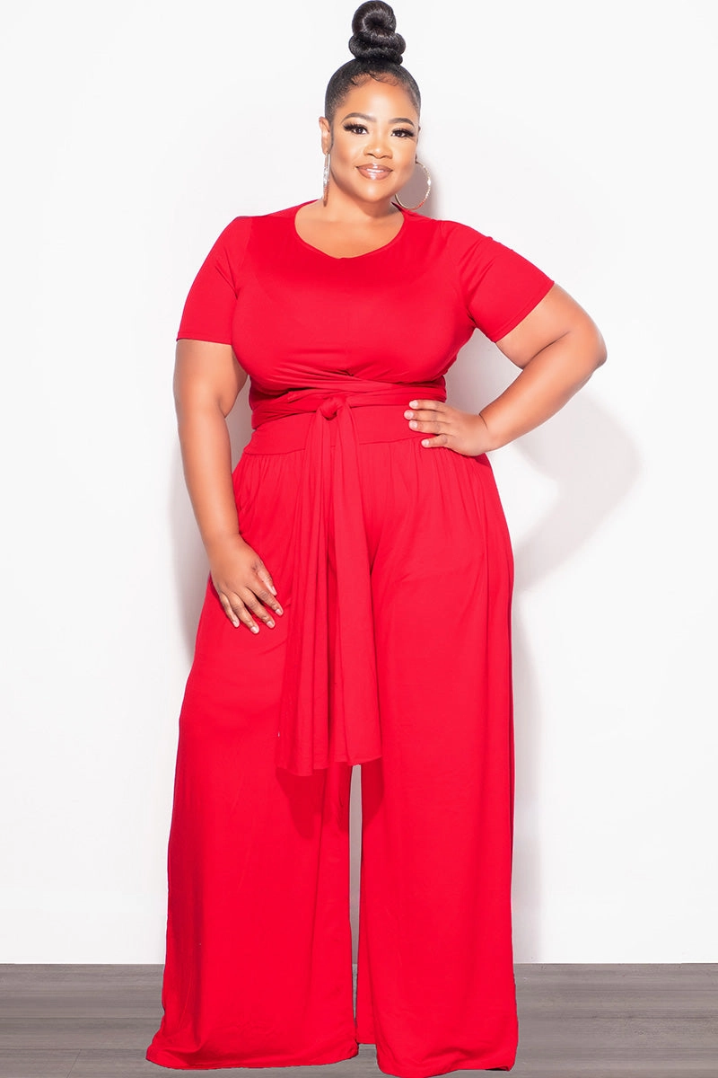Final Sale Plus Size 2pc Short Sleeve Tie Top and Pants Set in Red Cozy Waist UVProtectionCoating