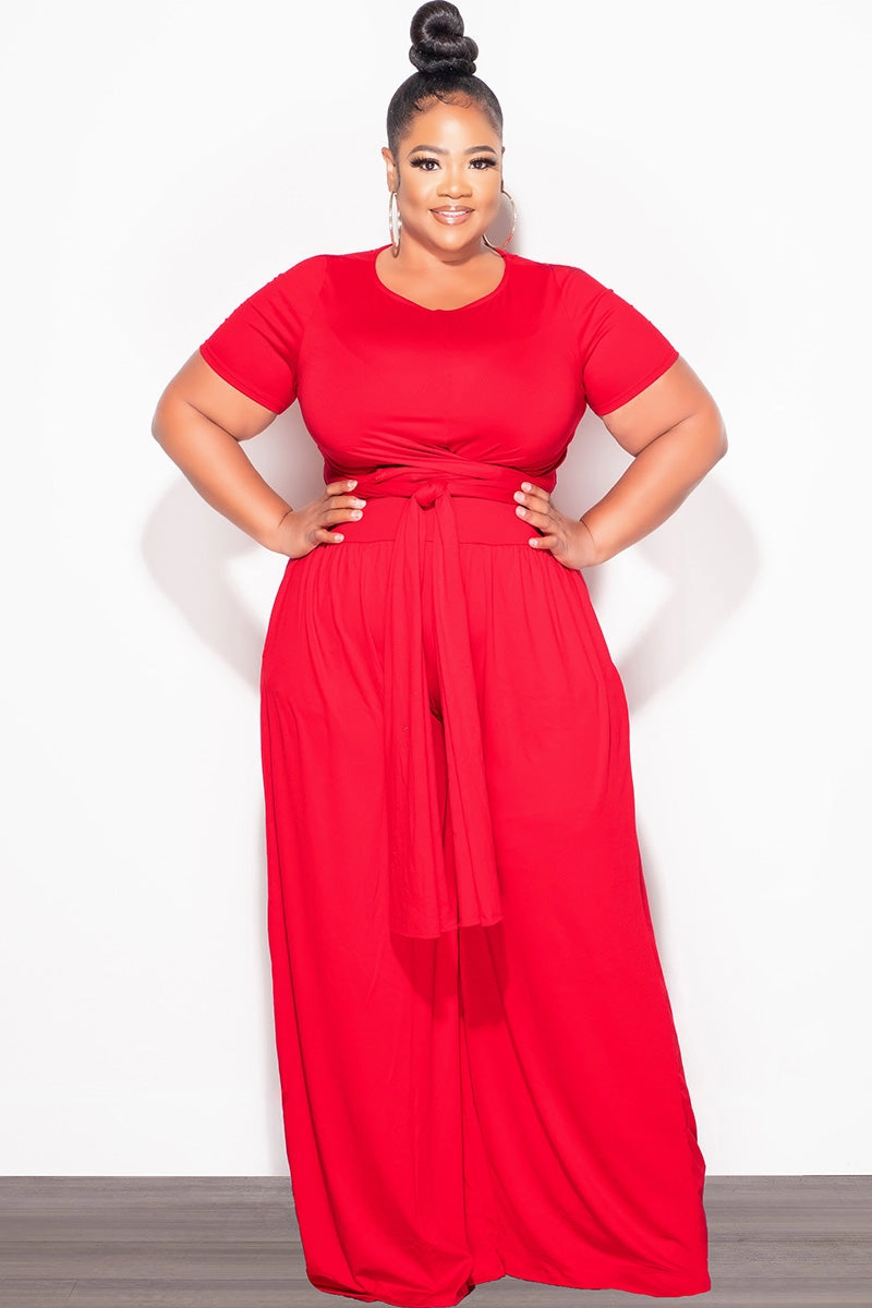 Final Sale Plus Size 2pc Short Sleeve Tie Top and Pants Set in Red Low Profile Design
