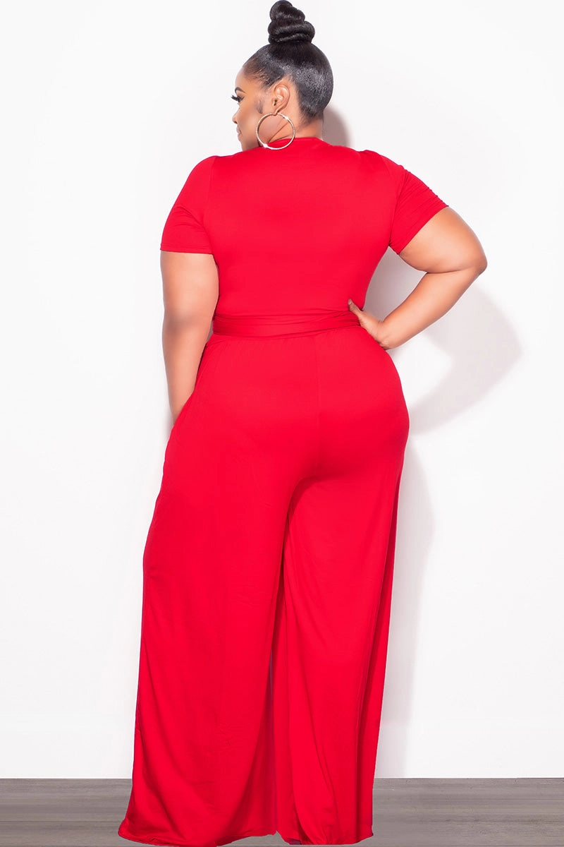 Lightweight Weave Quality Material Final Sale Plus Size 2pc Short Sleeve Tie Top and Pants Set in Red