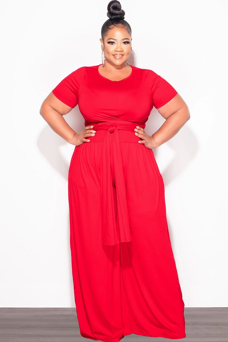 Final Sale Plus Size 2pc Short Sleeve Tie Top and Pants Set in Red Odor Resistant Moisture Management