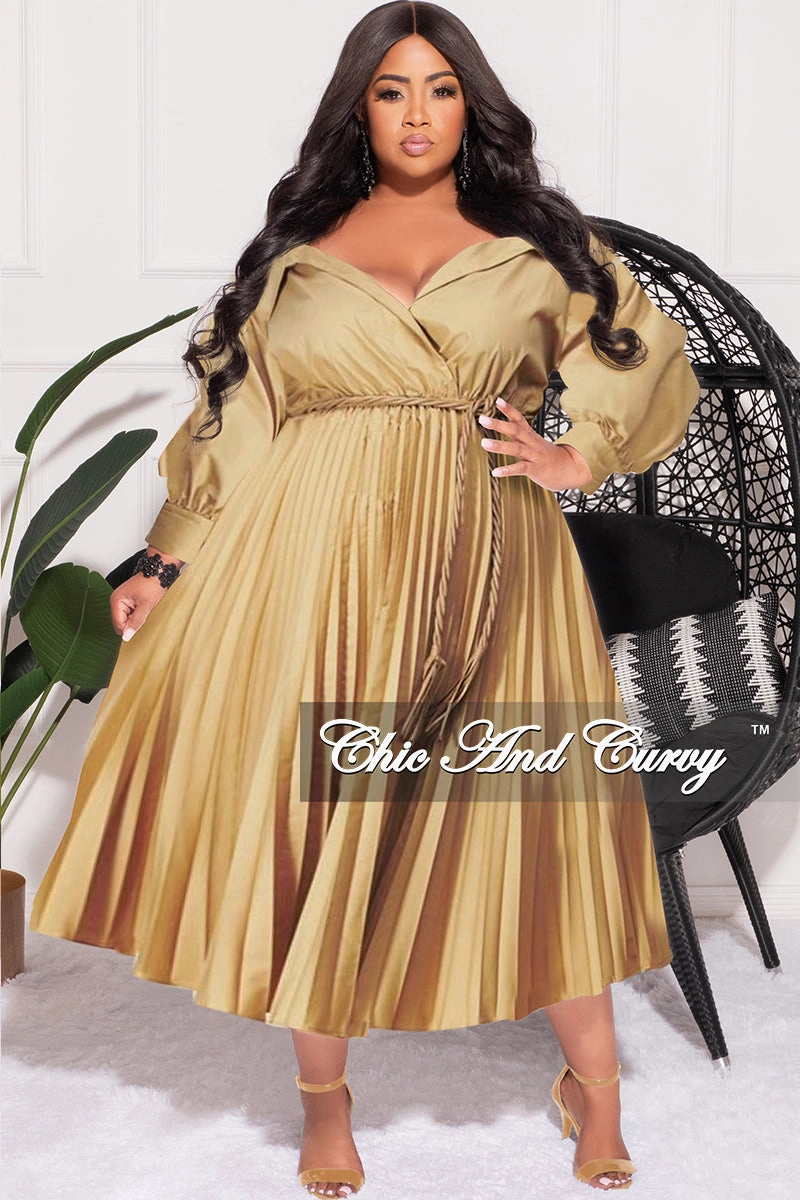 Supportive Waistband Casual Chic Final Sale Plus Size Off the Shoulder Collar Faux Wrap Dress with Bottom Pleats in Khaki Tan