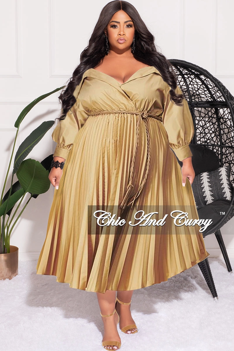 Vintage Wash Sporty Fit Design Final Sale Plus Size Off the Shoulder Collar Faux Wrap Dress with Bottom Pleats in Khaki Tan