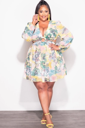 Friction Resistant Fabric Final Sale Plus Size Chiffon Babydoll Dress with Cut Outs in Tropical Palm Print
