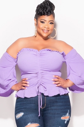 Final Sale Plus Size Off the Shoulder Frill Top with Middle Drawstring in Purple Quick drying material