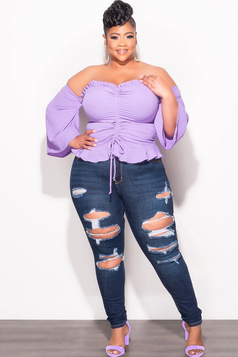 Chic Fit Final Sale Plus Size Off the Shoulder Frill Top with Middle Drawstring in Purple