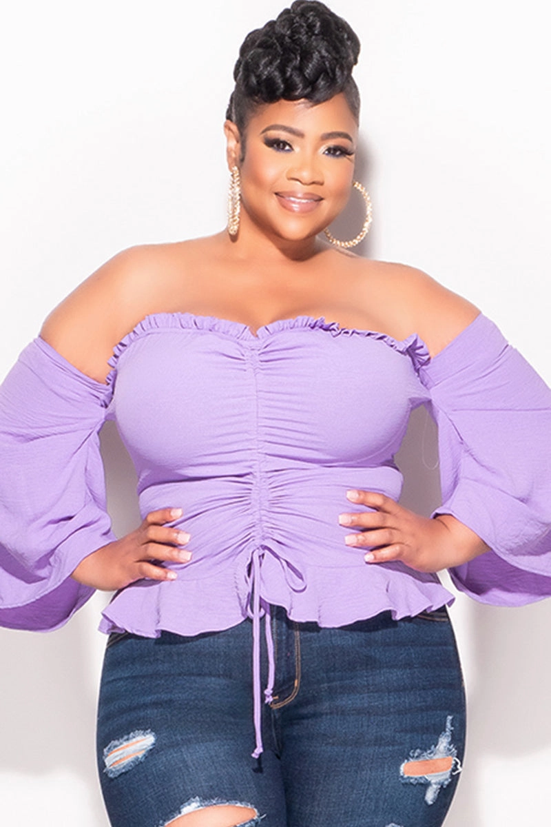Final Sale Plus Size Off the Shoulder Frill Top with Middle Drawstring in Purple Quick drying material