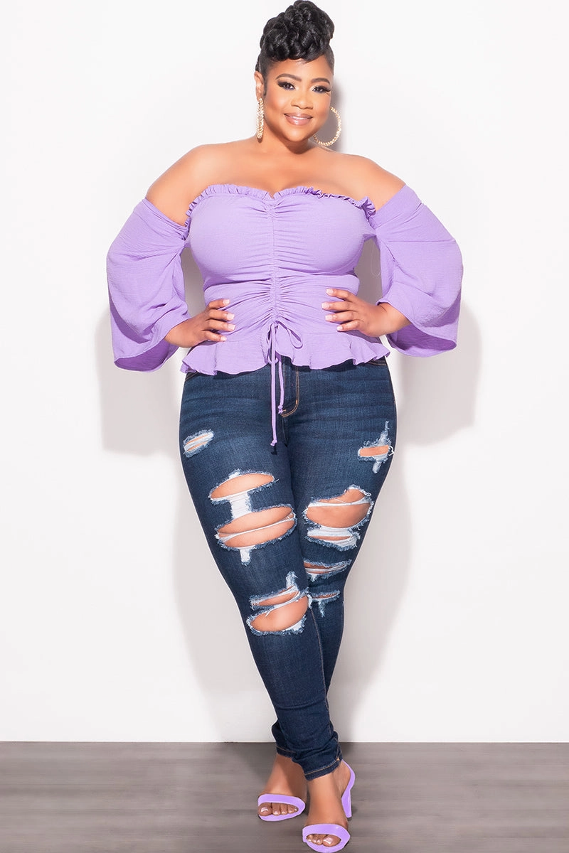 Final Sale Plus Size Off the Shoulder Frill Top with Middle Drawstring in Purple Noise Reduciting Fabric Cozy Comfort