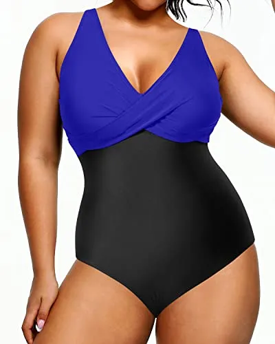 Slimming Plus Size Swimsuit One Piece Bathing Suits For Women-Royal Blue And Black