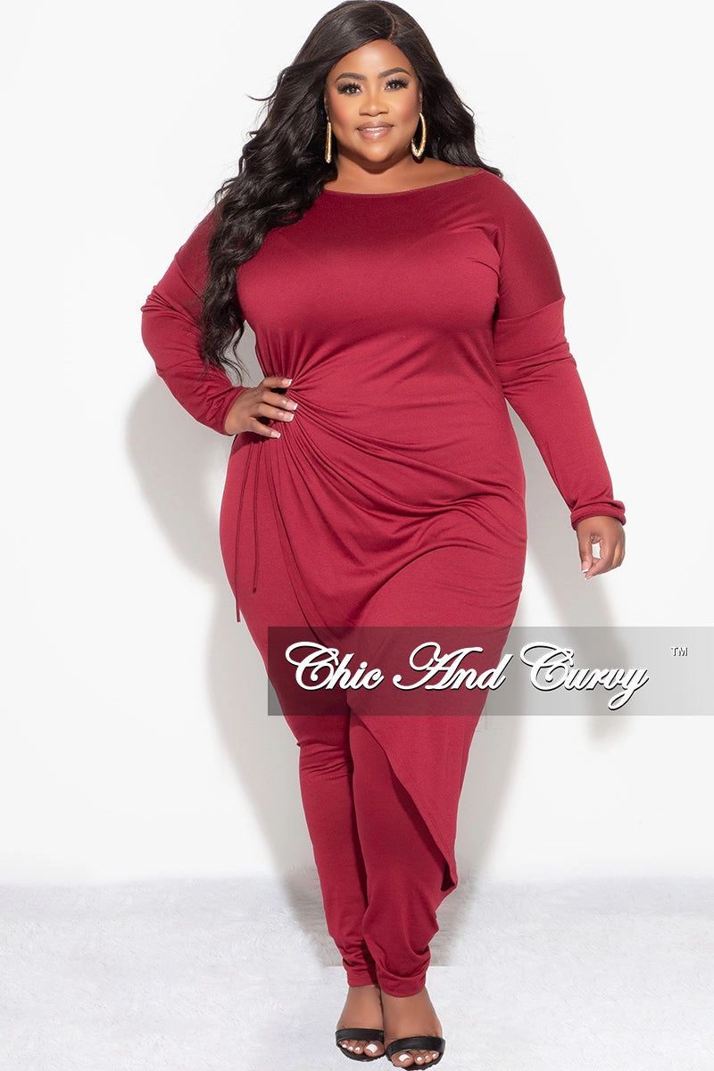 High Rise Design Final Sale Plus Size 2pc High-Low Top and Pants in Burgundy
