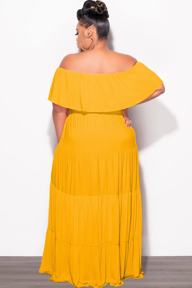 Thermal regulation Non Binding Waist Final Sale Plus Size Off The Shoulder Tiered Maxi Dress in Mustard