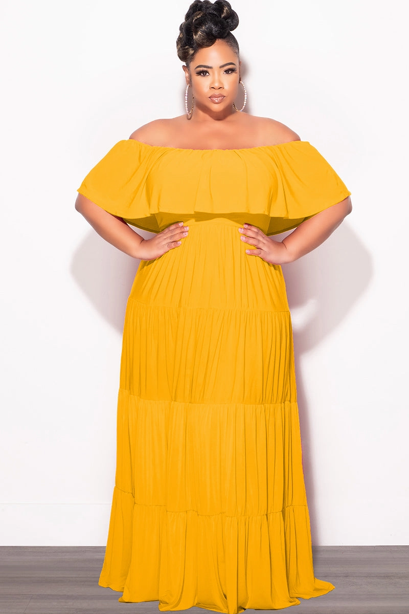 Stretchable Wear Soft and Stretchy Final Sale Plus Size Off The Shoulder Tiered Maxi Dress in Mustard