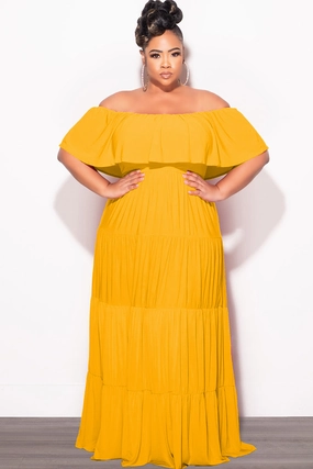 Stretchable Wear Soft and Stretchy Final Sale Plus Size Off The Shoulder Tiered Maxi Dress in Mustard