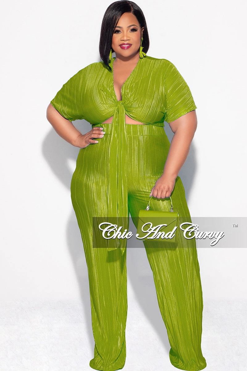 Final Sale Plus Size 2pc Pleated Top and Pants Set in Olive Decorative stitching Organic Cotton Blend