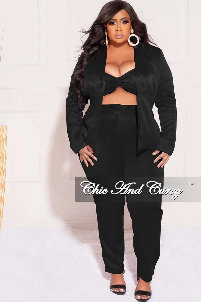Final Sale Plus Size 3pc (Blazer, Tube Top & Pants) Set in Black Slim Fit Design Full Comfort