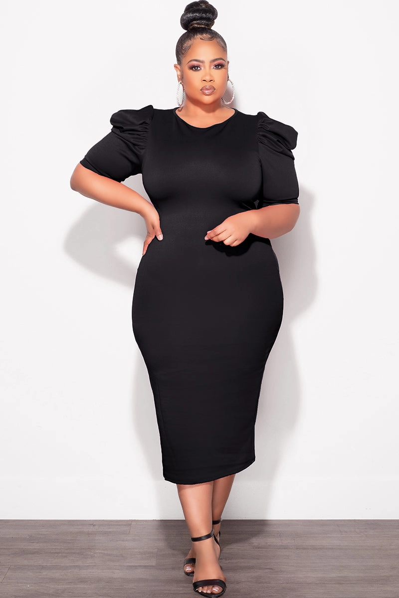 Quick Change Final Sale Plus Size Bodycon Dress with Puffy Sleeves Black