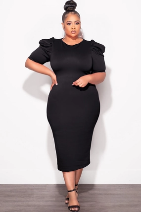Quick Change Final Sale Plus Size Bodycon Dress with Puffy Sleeves Black