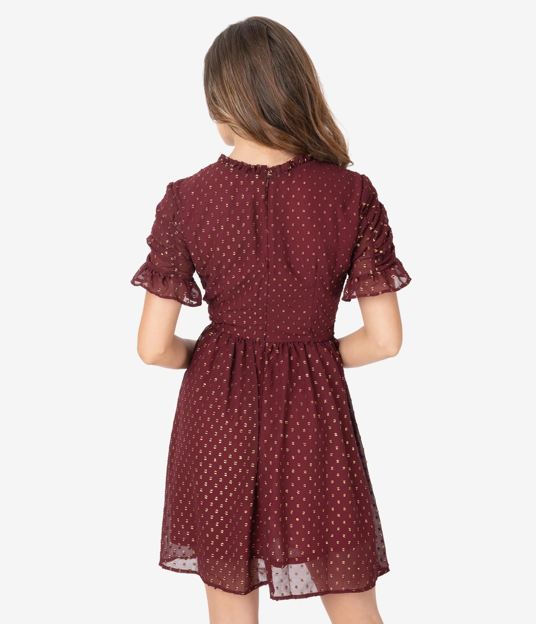Smak Parlour Burgundy & Gold Flock Dot Media Darling Fit & Flare Dress