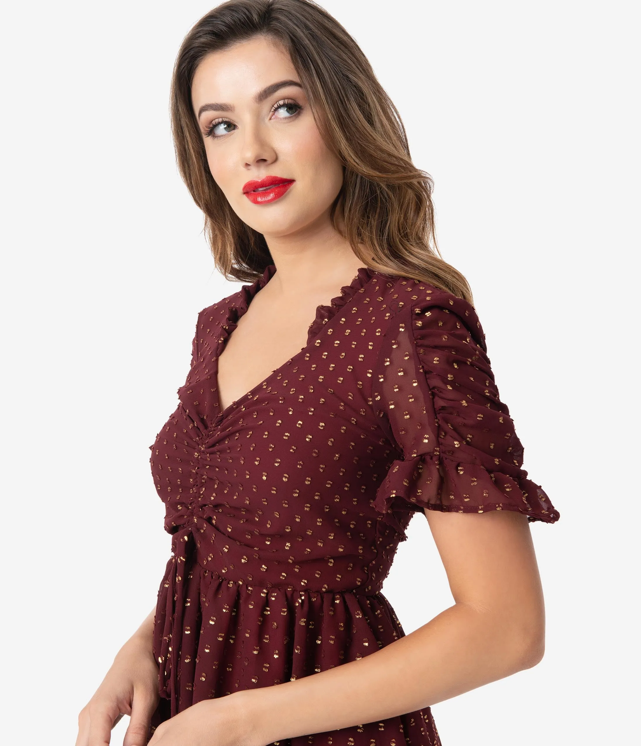 Smak Parlour Burgundy & Gold Flock Dot Media Darling Fit & Flare Dress