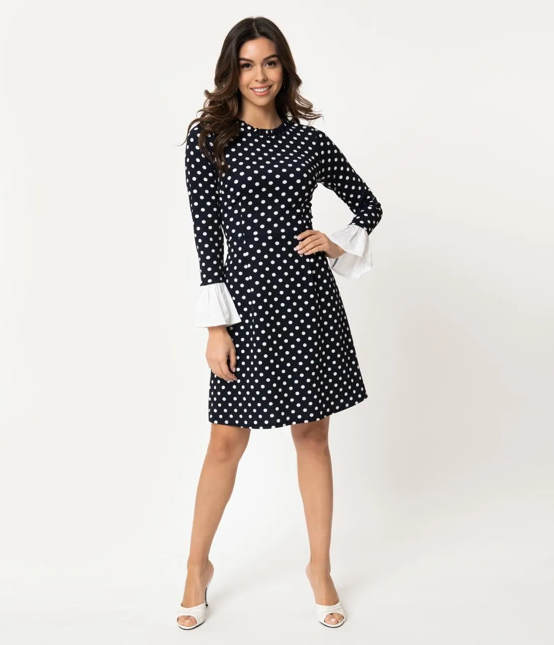 Smak Parlour Vintage Style Navy & White Polka Dot Sleeved Doll Gang Fit & Flare Dress