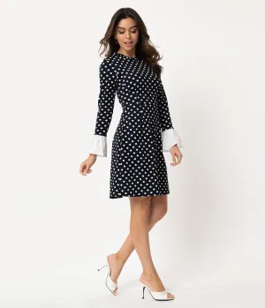 Smak Parlour Vintage Style Navy & White Polka Dot Sleeved Doll Gang Fit & Flare Dress