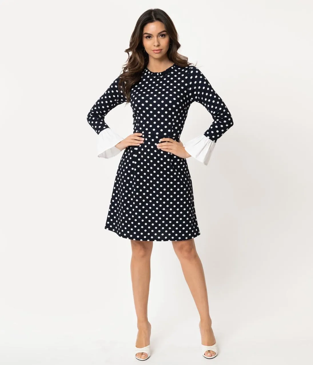 Smak Parlour Vintage Style Navy & White Polka Dot Sleeved Doll Gang Fit & Flare Dress