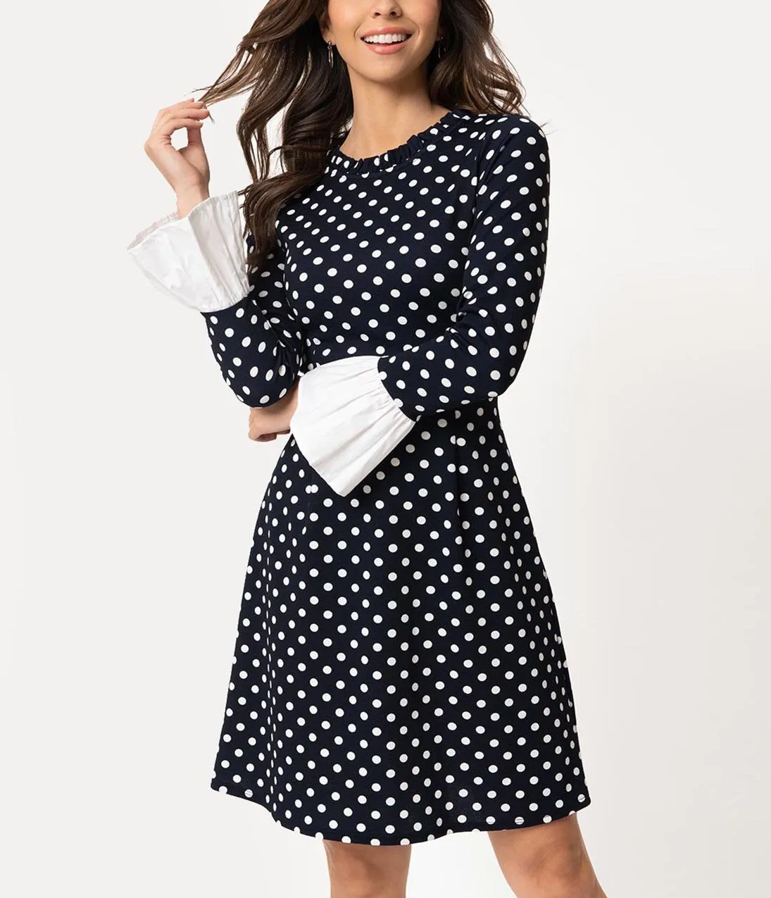 Smak Parlour Vintage Style Navy & White Polka Dot Sleeved Doll Gang Fit & Flare Dress