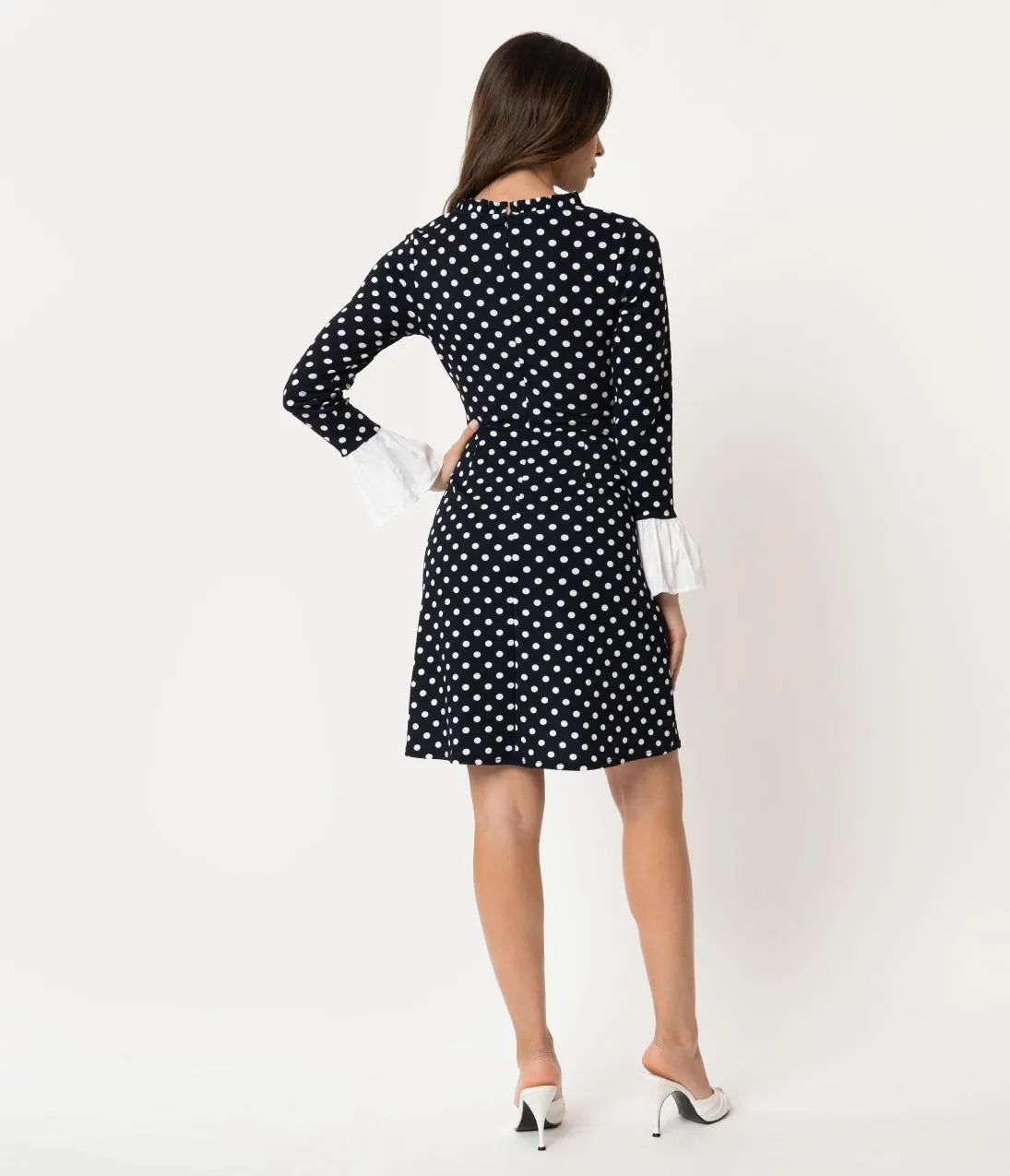 Smak Parlour Vintage Style Navy & White Polka Dot Sleeved Doll Gang Fit & Flare Dress