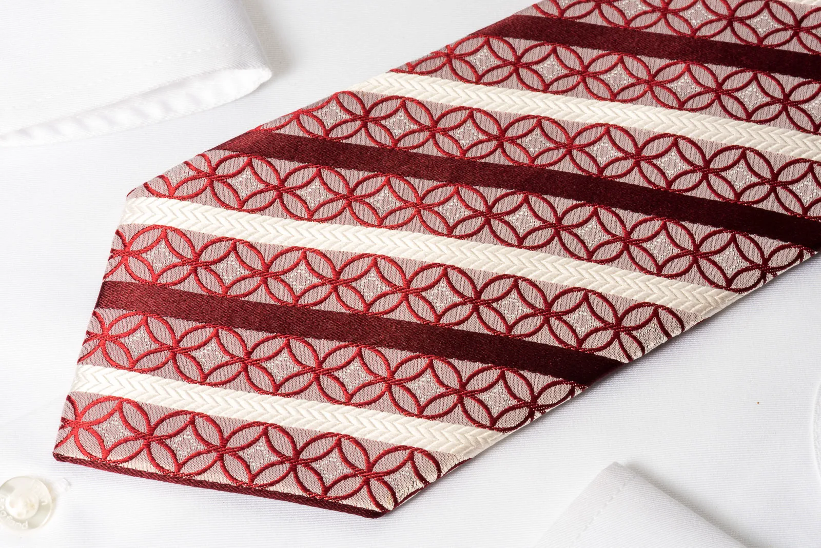 Smalto Rhinestone Necktie Burgundy White Striped On Silver With Silver Sparkles