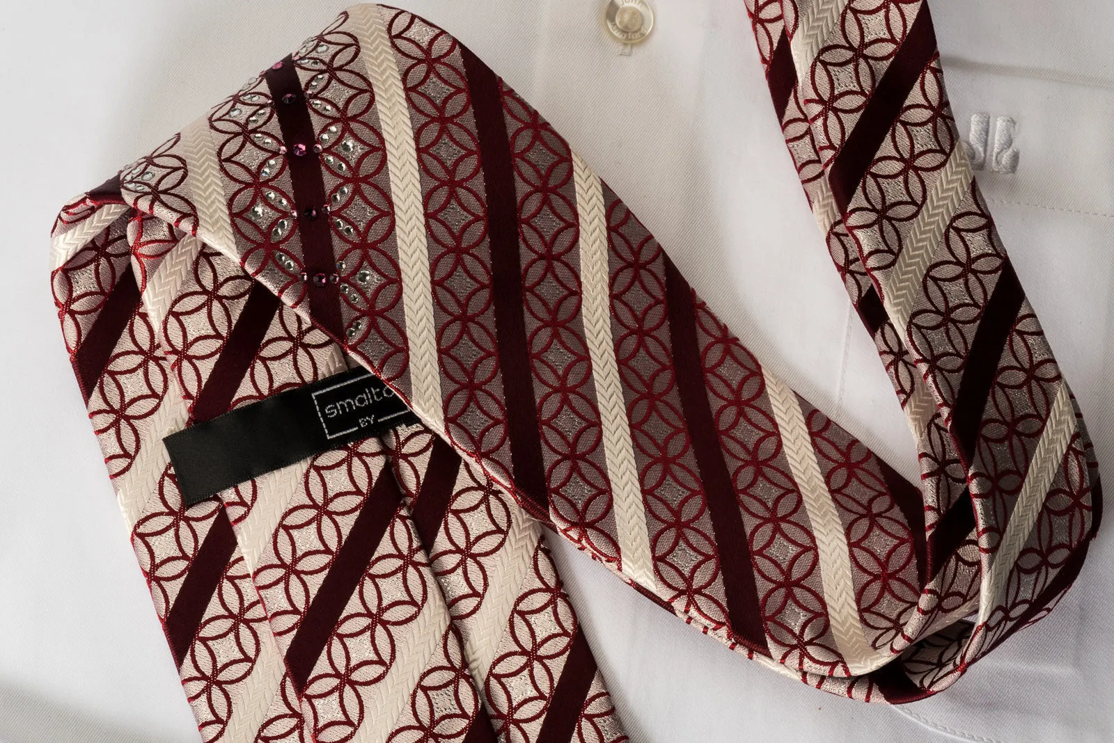 Smalto Rhinestone Necktie Burgundy White Striped On Silver With Silver Sparkles